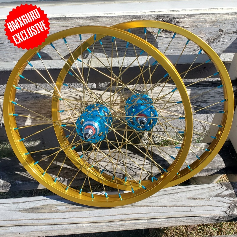 20″ 7X style Sealed Road Flange BMX Wheelset – Pair – Gold/Blue Anodized